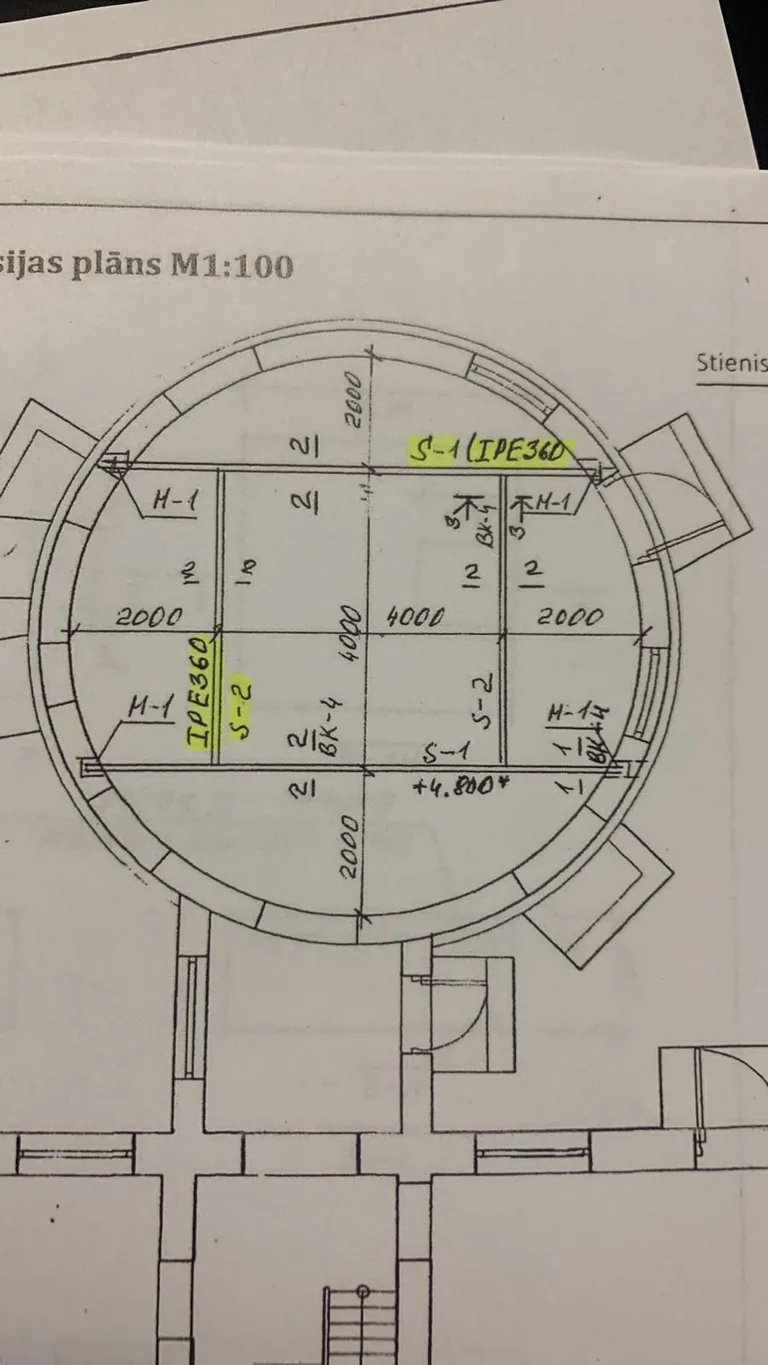 Ražošanas ēkas pārbūves rasējuma fragments ar konstrukciju risinājumu
